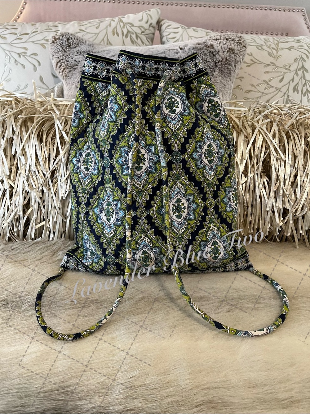 Vintage VERA BRADLEY Cambridge 2007 Drawstring Zipper Front Backpack Y2K Green - Picture 6 of 12